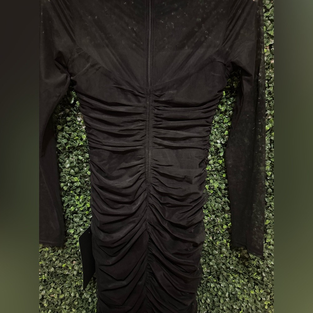 LULU'S Impressive Flirt Black Mesh
Ruched Mock Neck Midi Dress in BLACK - Picture 14 of 16